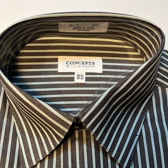 Concepts by Claiborne dark gray/aqua striped long sleeved shirt 15.5/32-33 - Picture 3 of 5